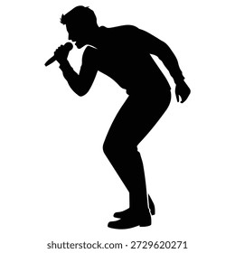 Silueta del cantante de Rock que actúa con el micrófono para los carteles de la música y las cubiertas