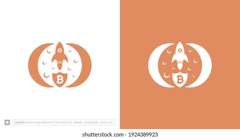 Silhouette of rocket across the moon illustration, flying bitcoin rocket in space, modern rocket moon logo vector template