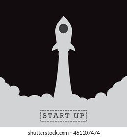 Silhouette rocket launching to the sky; flat design concept for start up business