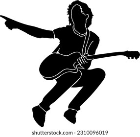 Silhouette of a Rockstar Jumping Guitar Player: Vector Illustration, Dynamic Guitarist Silhouette: Rockstar Jumping and Playing