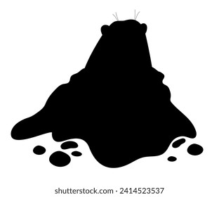 Silhouette of rodent animal groundhog looking out of hole. Hand black drawing. Holiday Groundhog Day February 2. Vector illustration