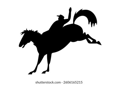 Silhouette of a rodeo cowboy riding a bucking horse on white background
