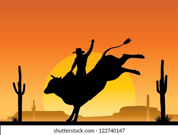Silhouette of rodeo cowboy riding a wild bull with desert background, Vector