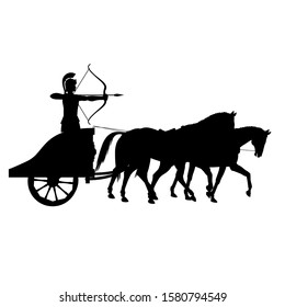 Silhouette Of Roman Archer On An Ancient War Chariot Drawn By Three Horses. Vector Illustration Isolated On White Background