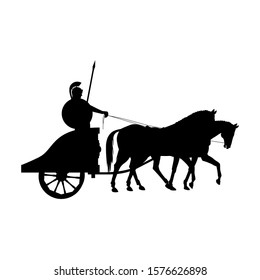 Silhouette of roman warrior on an ancient war chariot drawn by two horses. Vector illustration isolated on white background