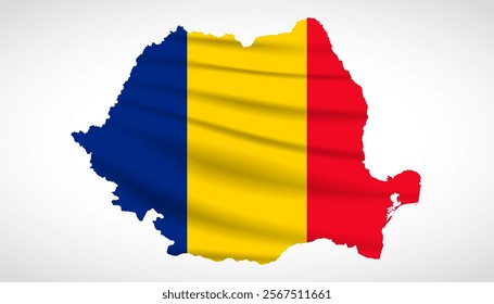 Silhouette of Romania map filled with the Romanian flag design, symbolizing national pride, cultural heritage, and geographic identity.  
