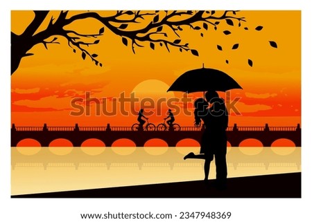 silhouette of a romantic background at dusk, two intimate couples enjoying the beautiful evening time on the beach, bridge, island, trees, sunset.
