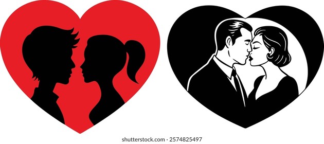 Silhouette of a Romantic Black Couple Framed by a Heart on a White Background