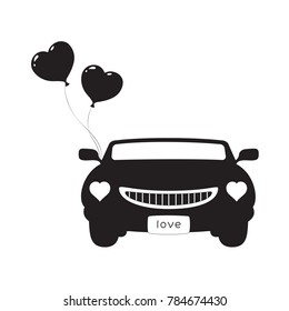 Silhouette of romantic car with balloons-hearts. Wedding car. Isolated on white background. Vector illustration.