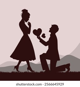 Silhouette of a romantic couple with a boy proposing to a girl holding a rose. For love themes, Valentine's Day, engagement visuals, relationship concepts, wedding designs, and romantic projects.