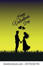 Silhouette of a romantic couple with a heart symbol in the background yellow version.