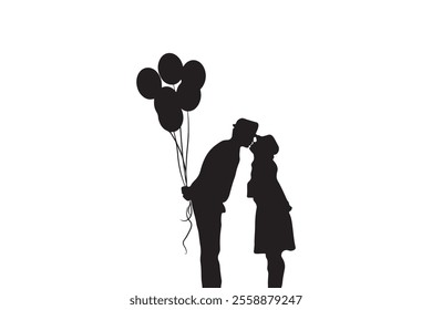 Silhouette of romantic couple holding balloons silhouette style