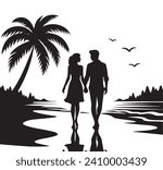 A silhouette of a romantic couple holding hands and walking along the tropical beach for a romantic getaway.