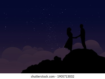 Silhouette of romantic couple holding their hands while standing on the hill. Couple in Love Having Romantic Date at starry night. Man and Woman Holding Hands vector illustration. Lovely Relationship