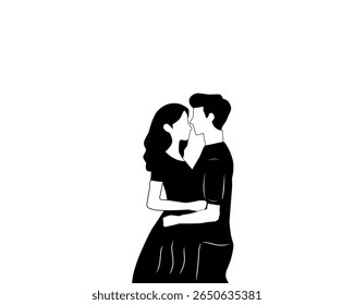 Silhueta de abraços de casal romântico. Ilustração em preto e branco vetorial de homem e mulher apaixonados, perfeito para namoro, Dia dos Namorados, relacionamento ou conceitos românticos