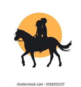 silhouette of romantic  couple in love riding horse