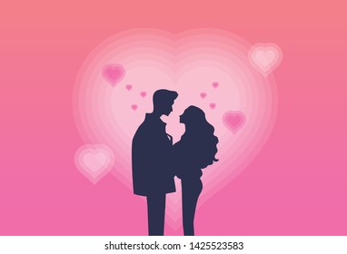 Silhouette of romantic couple lover hugging in vacation isolated on pink heart background. Concept Love destiny and Valentine's day.  Illustration vector. 