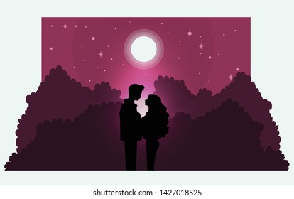 Silhouette of romantic couple lover look each other under the pink moonlight in vacation. Concept Love destiny and Valentine's day.  Illustration vector. 