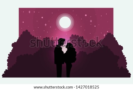 Silhouette of romantic couple lover look each other under the pink moonlight in vacation. Concept Love destiny and Valentine's day.  Illustration vector. 