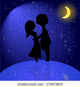 Silhouette of romantic couple at night. Vector illustration of lovers.