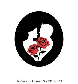 Silhouette of a Romantic Couple with Red Roses Inside a Black Circle