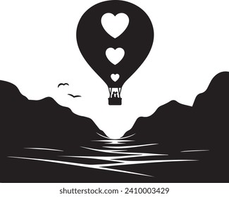 A silhouette of a romantic couple riding a hot air balloon kissing above a nice scenery view.