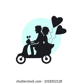 silhouette of romantic  couple riding scooter with heart shaped balloons 