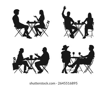 Silhouette of a romantic couple sitting table in a cafe. A romantic couple sitting at a table in a cafe, in silhouette. Silhouettes of couples enjoying outdoor cafe conversations.