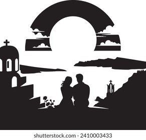 A silhouette of romantic couple sitting and watching the view of Santorini in Greek destination.