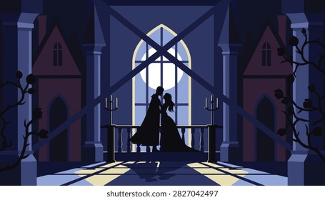 Silhouette of a romantic couple standing on a balcony under the moonlight with a beautiful castle backdrop in a fairy tale setting.