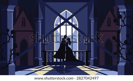 Silhouette of a romantic couple standing on a balcony under the moonlight with a beautiful castle backdrop in a fairy tale setting.