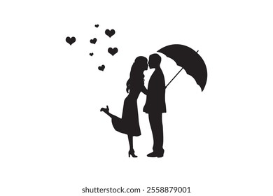 Silhouette of romantic couple under umbrella style silhouette