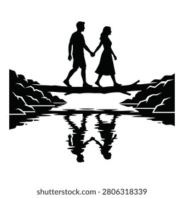 Silhouette of a romantic couple walking hand in hand on a log over water serene landscape icon