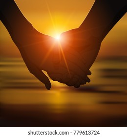 Silhouette of romantic couple's hands on the beach at sunset. Love, romantic relationship concept. Vector illustration.