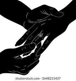 Silhouette of Romantic Engagement Ring Moment – Couple Holding Hands