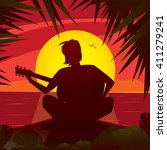 Silhouette of a romantic man playing the guitar at the sunset, sitting on the edge of the shore in exotic country - Alone with himself or Solitude concept. Vector illustration