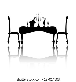 Silhouette of a romantic table setting for two. Black and white with reflection and space for your text. EPS10 vector format