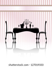 Silhouette of a romantic table setting for two. Black and white with reflection and pink candy stripe background. Banner for your text. EPS10 vector format