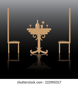 Silhouette of a romantic table setting for two. Black and white with reflection and space for your text. EPS10 vector format