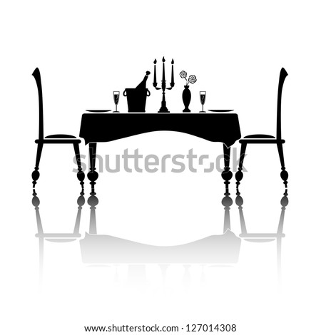 Silhouette of a romantic table setting for two. Black and white with reflection and space for your text. EPS10 vector format