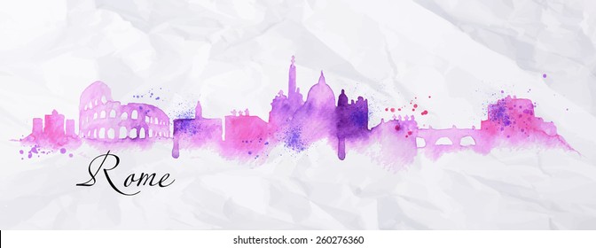 Silhouette Rome city drawing in watercolor with spray droplets  landmarks in pink and purple colors