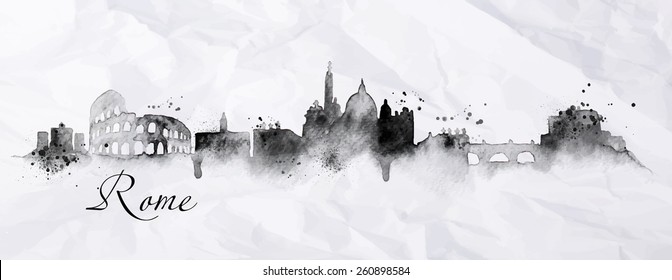 Silhouette Rome City With Splashes Drops And Streaks Landmarks Drawing With Ink On Crumpled Paper Background.