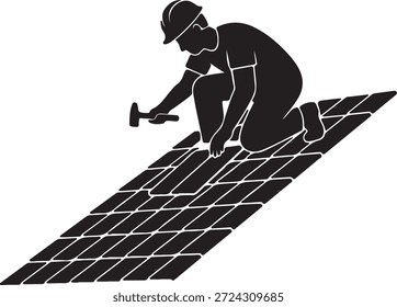 Silhueta de um Telhado ou Trabalhador da Construção Instalando Telhas em um Telhado com um Martelo, Representando o Trabalho de Melhoramento e Reparo Domiciliar