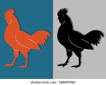 silhouette of rooster, black and color drawing, simple background