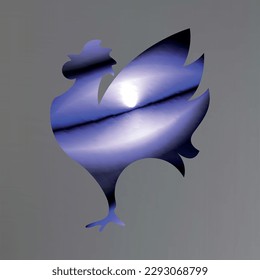Silueta de un gallo de diseño azul, con vistas al paisaje con el sol en el cielo, sobre un fondo gris. Logotipo. Vector. Gradiente.