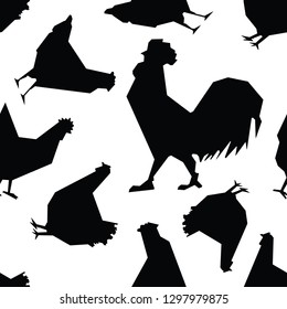 Silhouette of Rooster and chickens (Seamless vector)