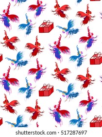 Silhouette of a rooster .  Cock sketch, hand drawing. Symbol of New Year 2017. Illustration for a  wrapping paper,  wallpaper. Christmas background. Seamless vector pattern.