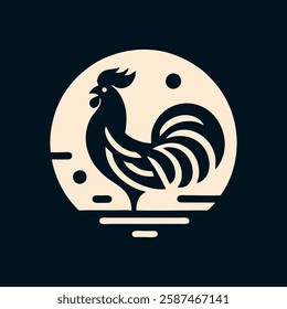 Silhouette of a rooster in front of a moon.