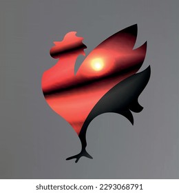 Silhouette of a rooster in red-orange design, with a view of the sun in the sky and a black element on the tail, on a gray background. Logo. Vector. Gradient.