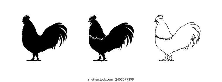 Silhouette of a rooster in three variations on a white background.